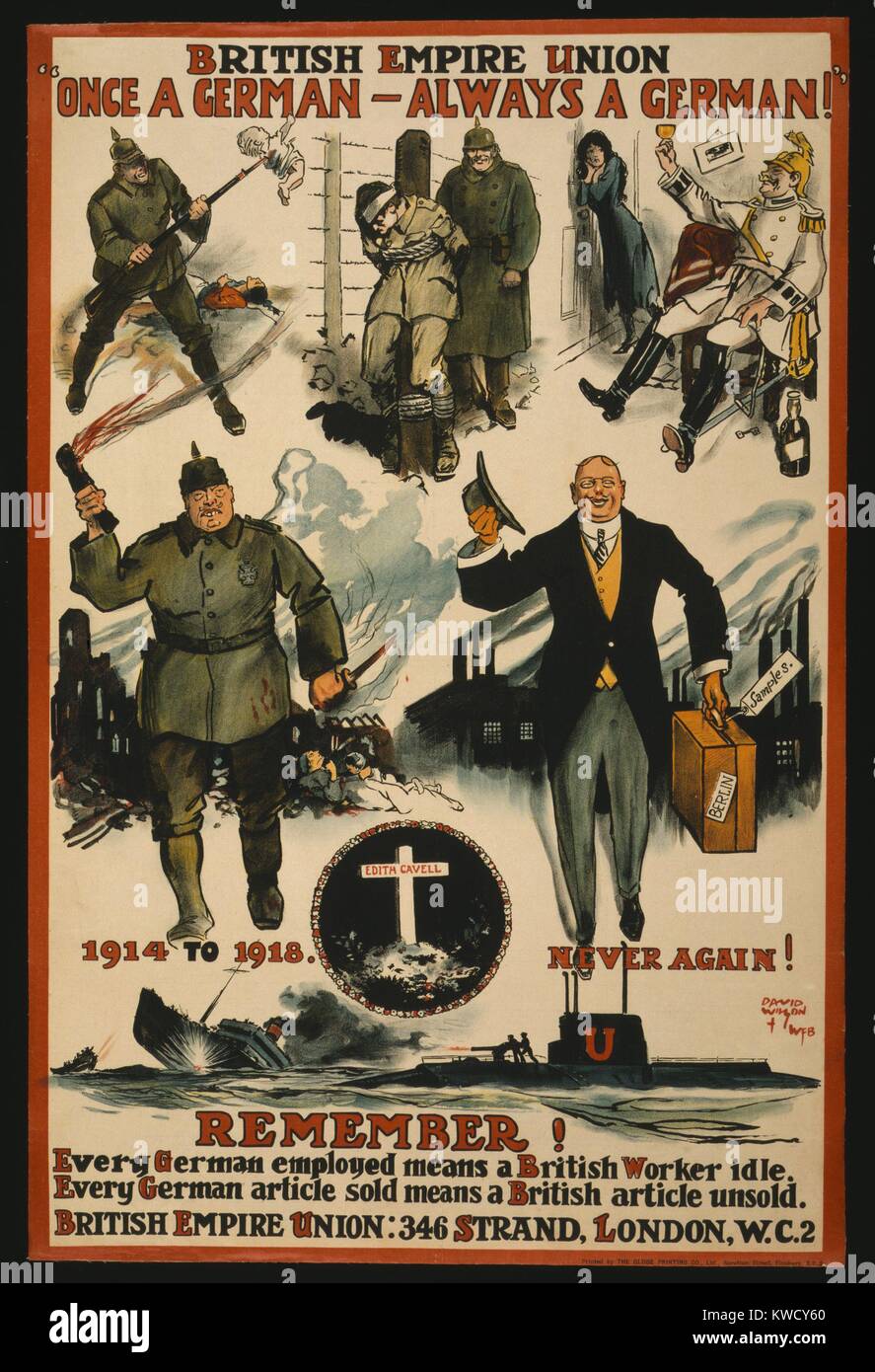 Ceppi virulenti di anti-tedesco Guerra Mondiale 1 poster dall'Impero Britannico europea, 1918. Anticamente chiamato l'Unione Anti-German, era imperialista, anti-socialista, protezionistici e Anglophile (BSLOC 2017 1 33) Foto Stock