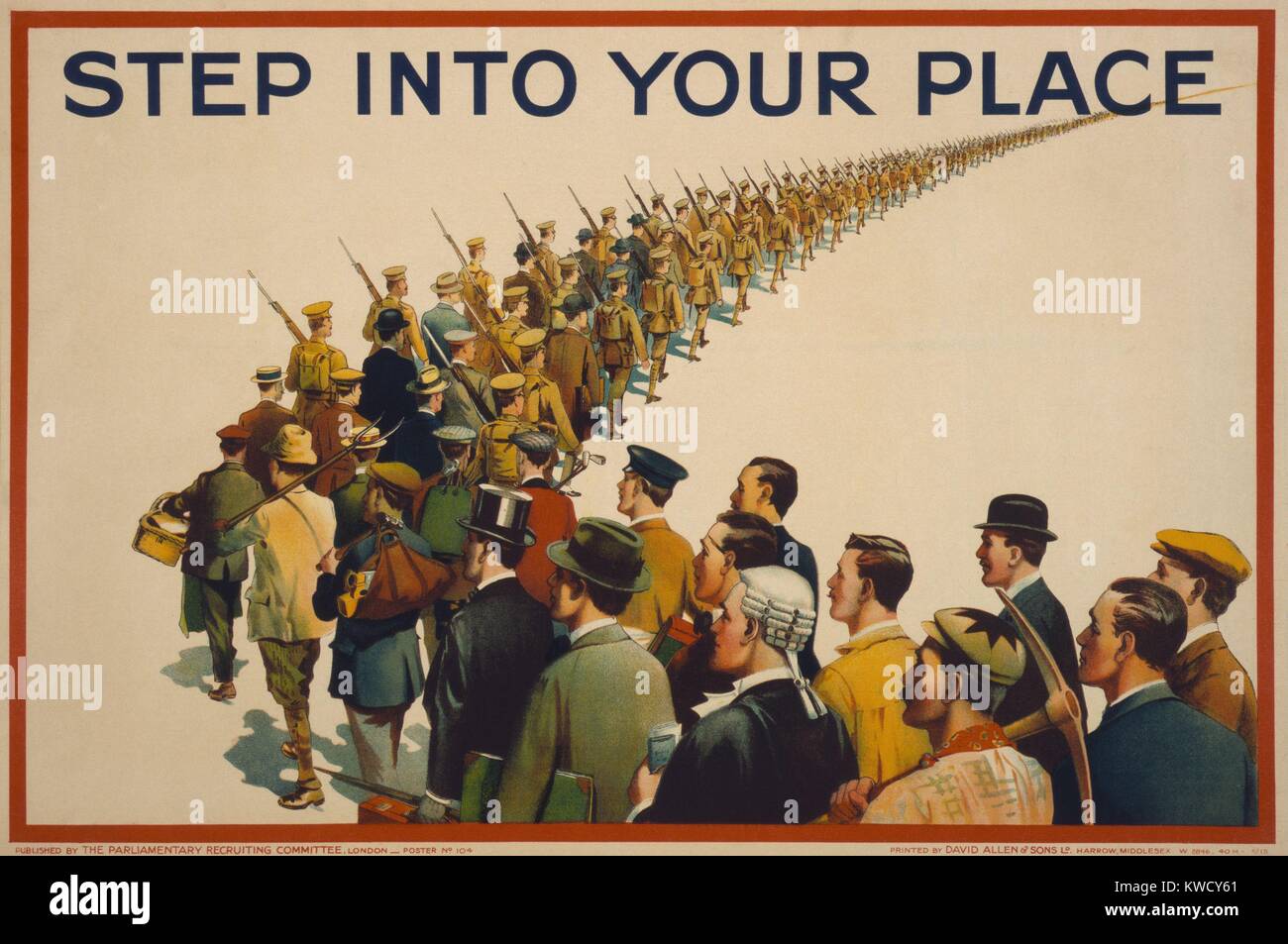 Passo nel tuo luogo, legge un British World War 1 poster di reclutamento, 1915. Una colonna di soldati marche a distanza sono uniti da uomini in abito civile che identifica le loro diverse professioni e classi sociali (BSLOC 2017 1 34) Foto Stock