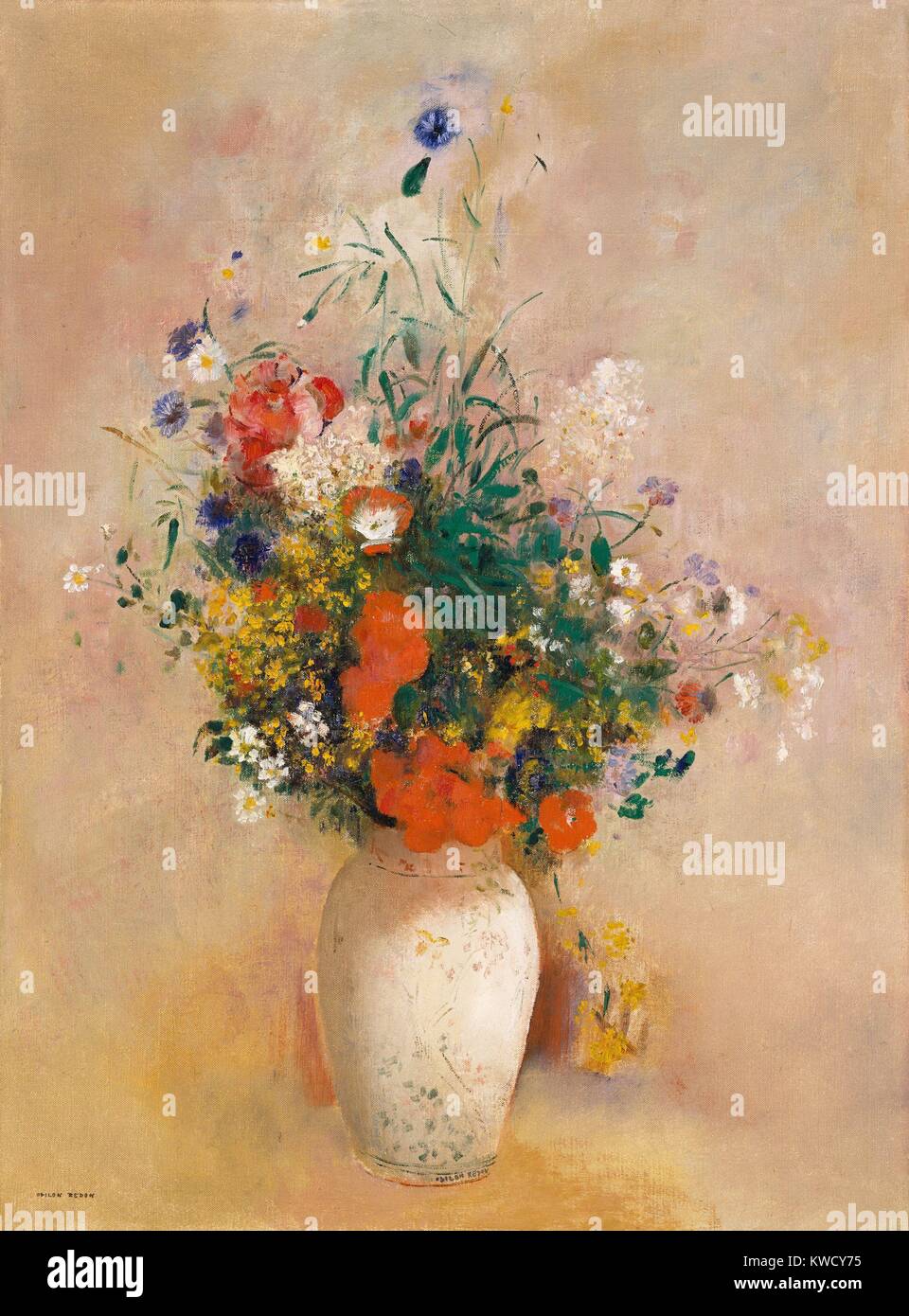 Vaso di fiori (sfondo rosa), da Odilon Redon, 1906 francese pittura  simbolista, olio su tela. Redon dipinto questo mazzo di fiori  identificabili come papaveri e cornflowers. Si tratta di un moderno nella