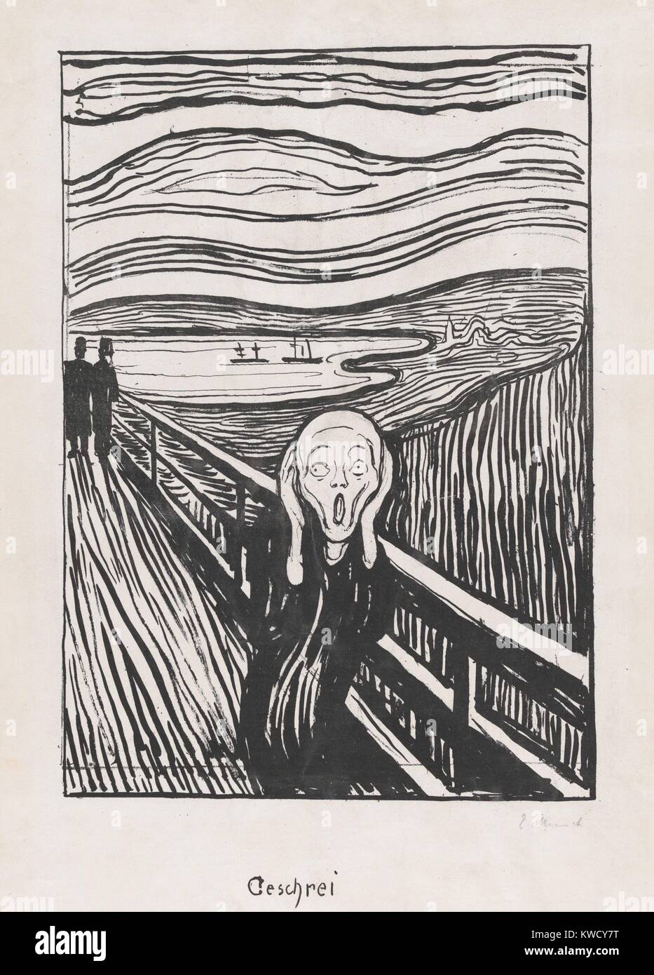 Il grido, da Edvard Munch, 1895, Norvegese/simbolista espressionista, stampa litografia. Il teschio come testa umana ha una singola dimensione psicologica. Il precursore di questa immagine è stato un disegno di un uomo, Munch stesso, su un ponte simile, in cui egli fe (BSLOC 2017 5 141) Foto Stock