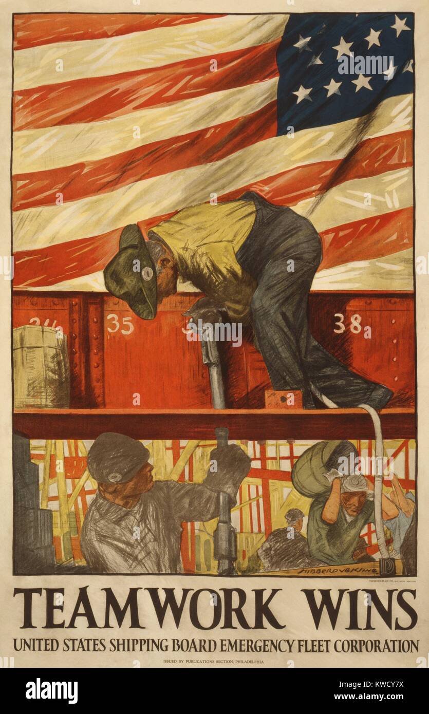 Il lavoro di squadra vince. 1917 Guerra Mondiale 1 poster da parte degli Stati Uniti della scheda Spedizione. La spedizione della flotta Board-Emergency Corporation, un'agenzia di emergenza per ingrandire e gestire la US Merchant Marine (BSLOC 2017 1 53) Foto Stock