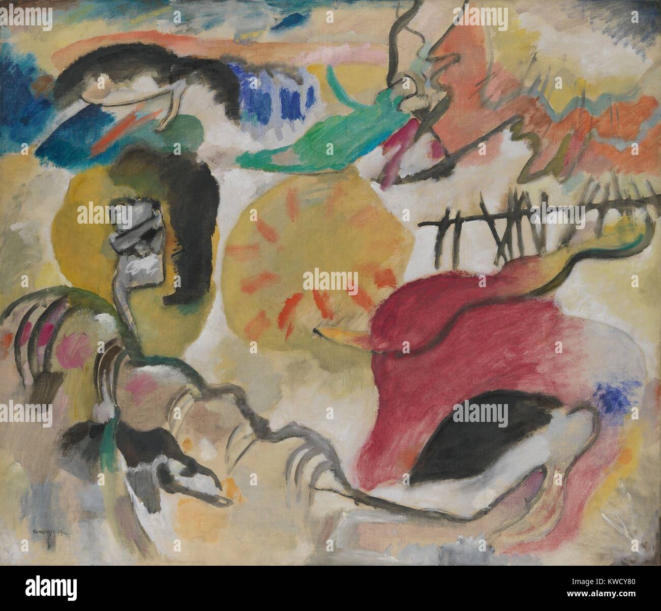 Improvvisazione 27 (Giardino dell amore II), da Vasily Kandinsky, 1912, Russo Espressionisti tedeschi. Questo dipinto contiene 3 molto astratta di raffigurazioni di un abbracciando coppia circondata dalla forma a serpentina. Il dipinto il sottotitolo è un riferimento al biblica Eden (BSLOC 2017 5 143) Foto Stock