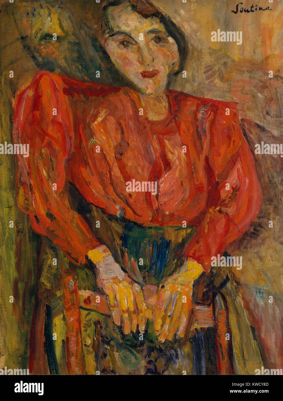 Woman in Red camicetta, da Chaim Soutine, 1919, la Federazione Francese di pittura espressionista, olio su tela. L'artista di vernice applicata in un impasto denso, coprendo la tela con energica pennellata, emotivamente e dissonante distorsione delle forme umane (BSLOC 2017 5 149) Foto Stock