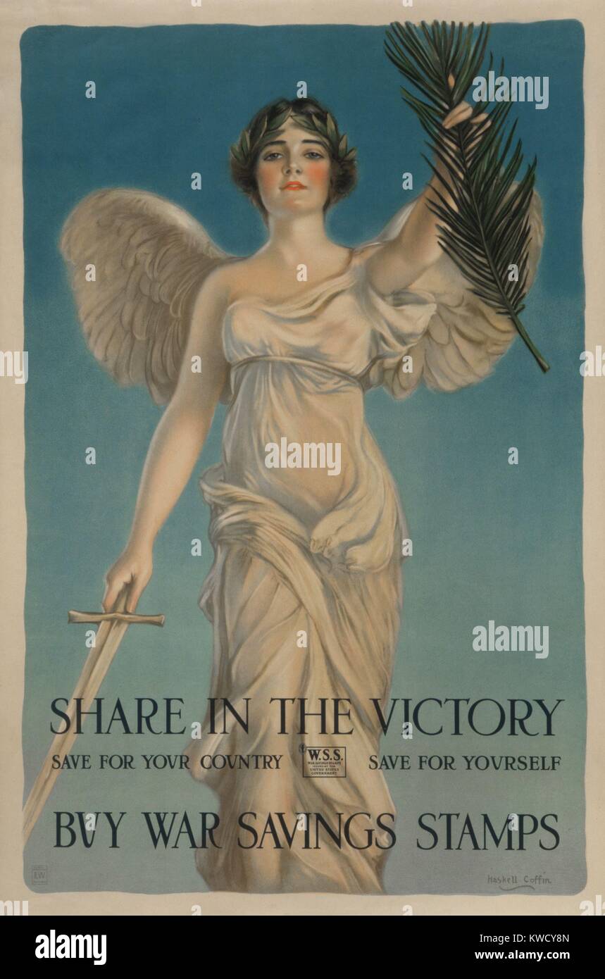 Condividere la vittoria, American Guerra Mondiale 1 poster di promozione di guerra francobolli risparmio, 1918. Risparmio di guerra i timbri sono stati venduti per appena 25 centesimi, attirando l ampia cittadinanza per finanziare lo sforzo di guerra (BSLOC_2017_1_60) Foto Stock