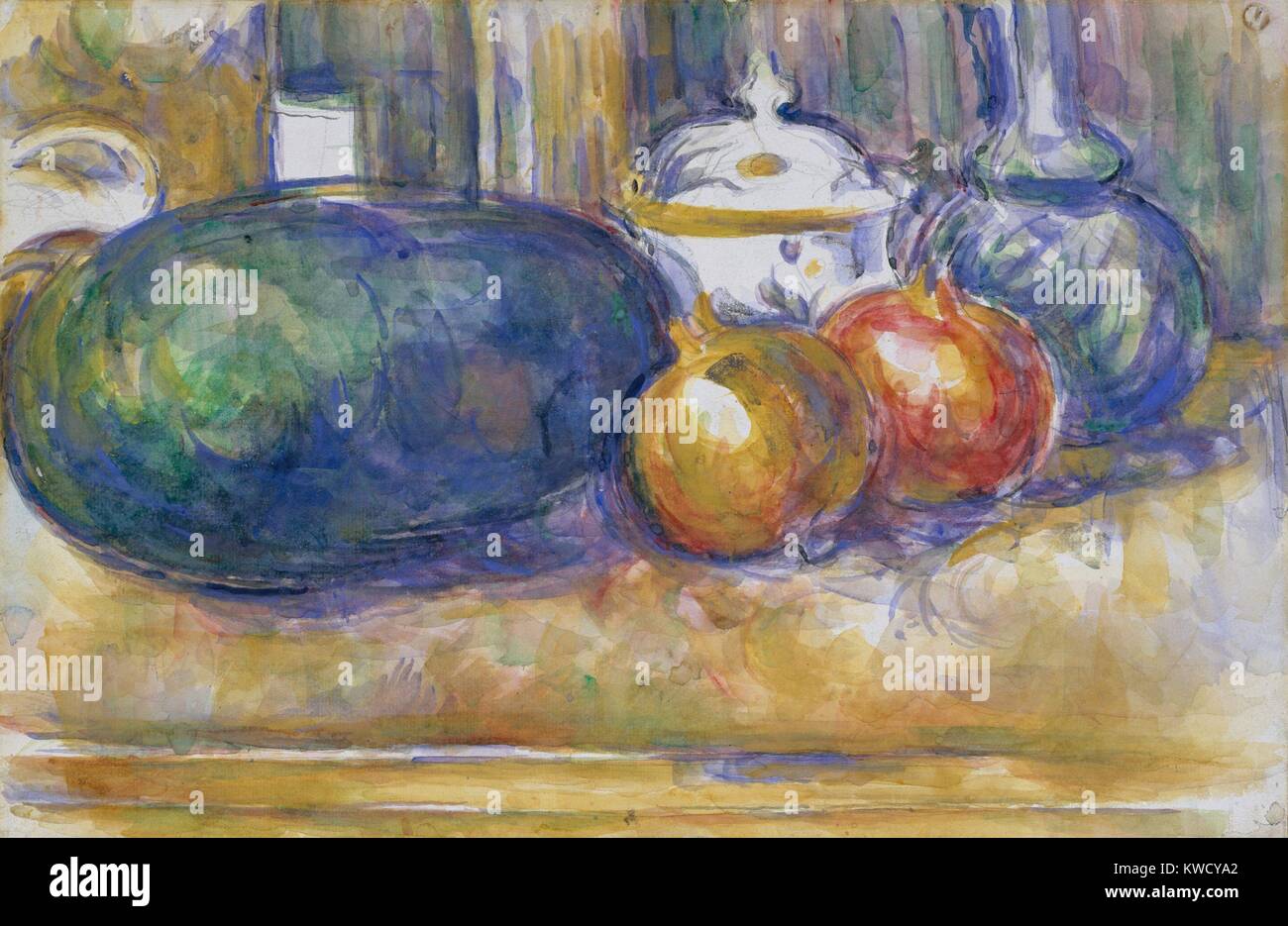 Still-Life con un cocomero e melograni, di Paul Cezanne, 1900-06, Francese Post-Impressionism. La pittura ad acquerello su Grafite su carta (BSLOC 2017 5 26) Foto Stock