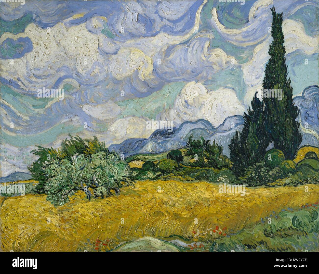 Campo di grano con cipressi di Vincent Van Gogh, 1889, olandese Post-Impressionist, olio su tela. Questa è stata la sua prima versione e probabilmente è stata dipinta en plein air, quando Van Gogh è stata in grado di lasciare il perimetro della Saint-Remy asilo. Due dipinti in studio (BSLOC 2017 5 55) Foto Stock
