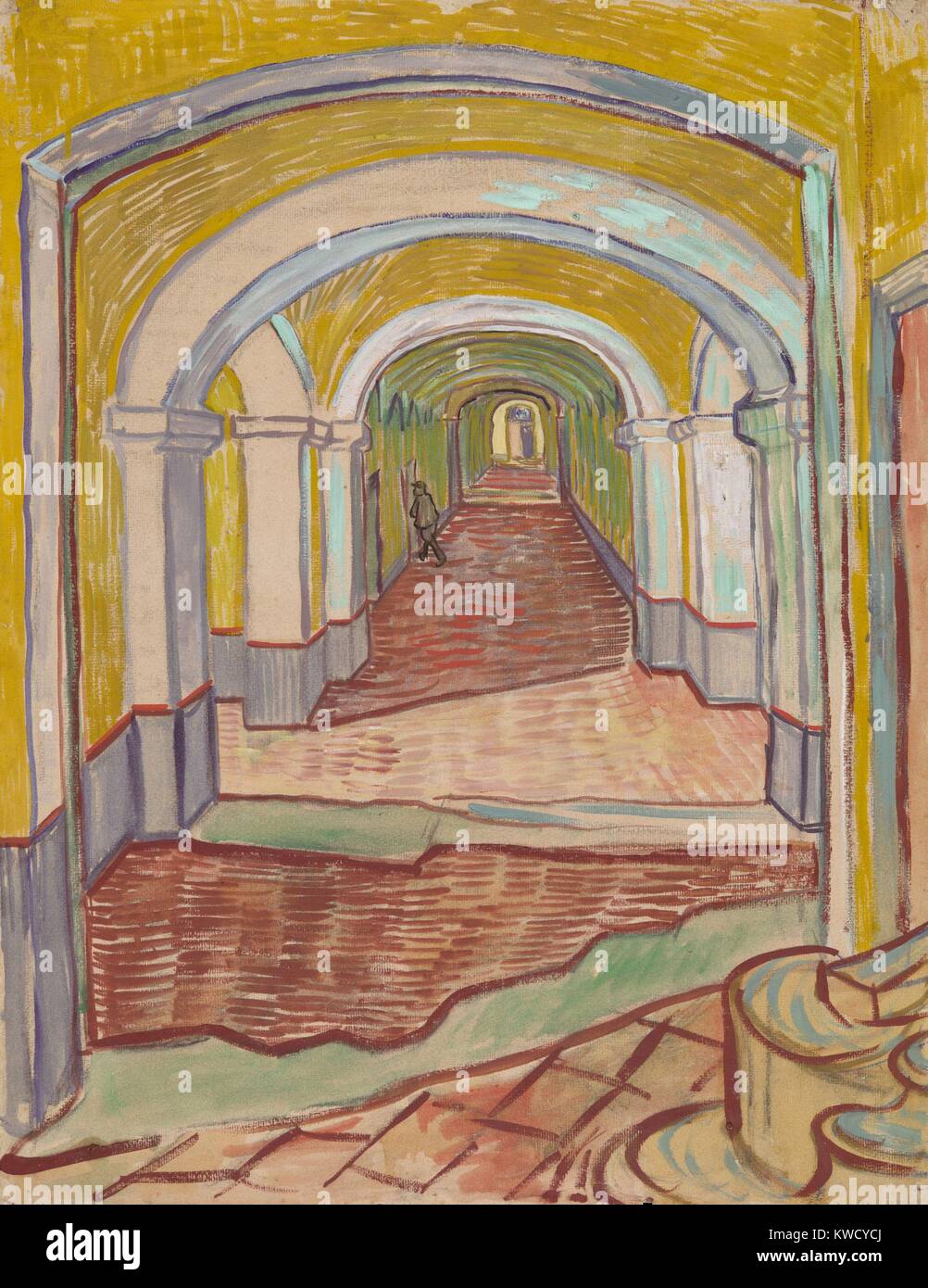 Corridoio all'asilo, di Vincent Van Gogh, 1889, olandese Post-Impressionist pittura. Questo mixed media lavoro di colore ad olio e gesso nero su carta rosa, utilizzato esagerato della prospettiva lineare di vernice espressamente il Saint-Remy asilo in Arles (BSLOC 2017 5 56) Foto Stock