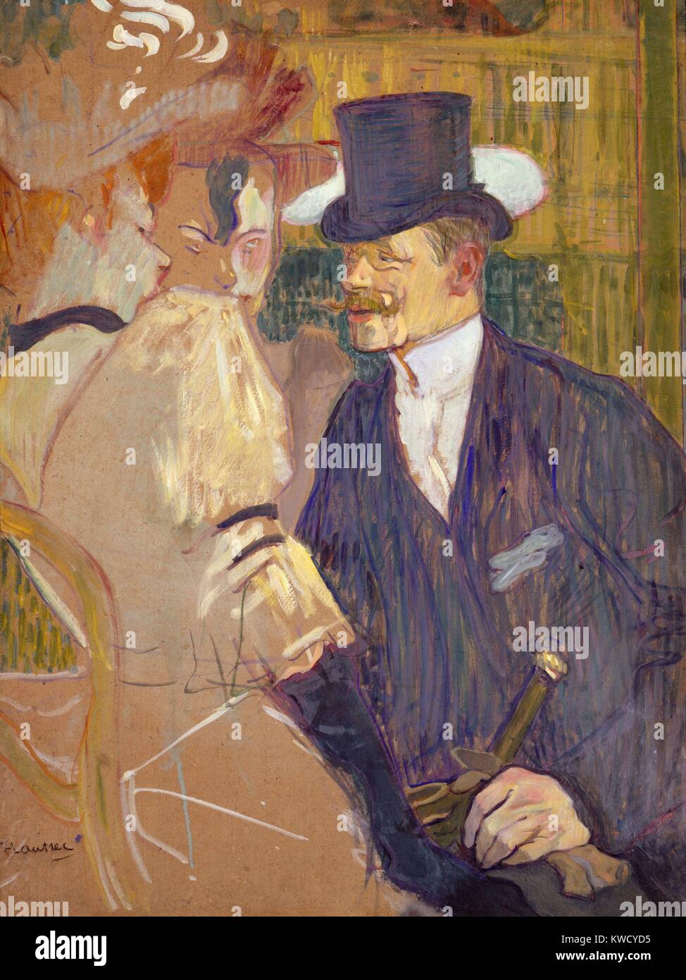 L'inglese presso il Moulin Rouge, da Henri de Toulouse-Lautrec, 1892, Post-Impressionist pittura. Lautrecs amico pittore inglese William Tom Warrener, appare come un top-cappello gentiluomo con due compagne femmine presso il Moulin Rouge. Warrener's redde (BSLOC_2017_5_62) Foto Stock