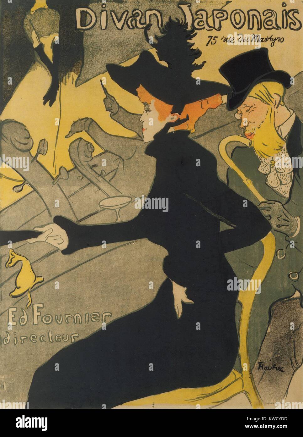 Divan Japonais, Henri de Toulouse-Lautrec, 1892-93, Francese Post-Impressionist stampa litografia. Questo poster pubblicizzata la discoteca, con due suoi preferiti artisti Montmartre, Yvette Guilbert e Jane Avril. Avril è seduto al centro con Edouar (BSLOC 2017 5 66) Foto Stock