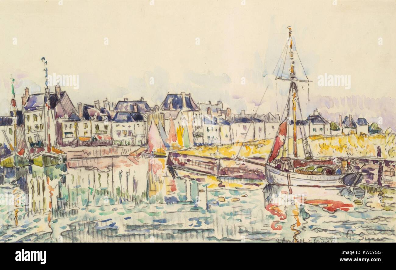 Le Croisic, da Paul Signac, 1928, francese Post-Impressionist pittura ad acquerello. Signac applicato acquerello su un gessetto nero disegno in questo scenario urbano del comune nella Francia occidentale (BSLOC 2017 5 94) Foto Stock