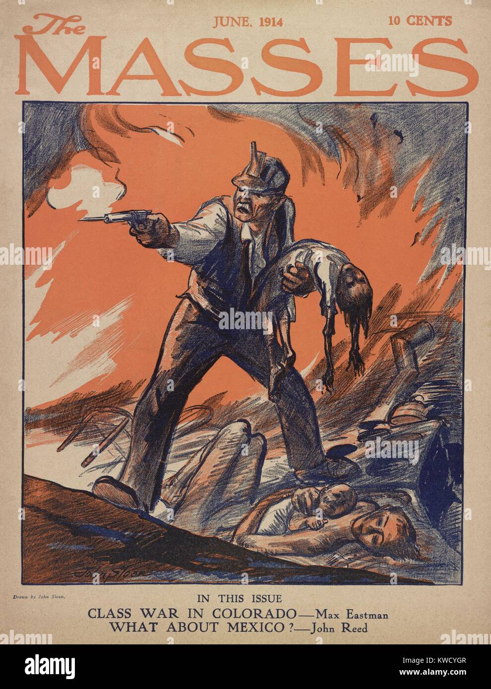 Le masse, giugno 1914, illustrazione del coperchio sui massacri durante il Colorado sciopero del carbone a Ludlow. John Sloan disegno mostra un minatore sparare una pistola dopo la sua moglie e i bambini sono stati uccisi al loro tenda camp dal Colorado National Guard e Colorado Carburante & Società ferro camp protezioni (BSLOC 2017 2 160) Foto Stock