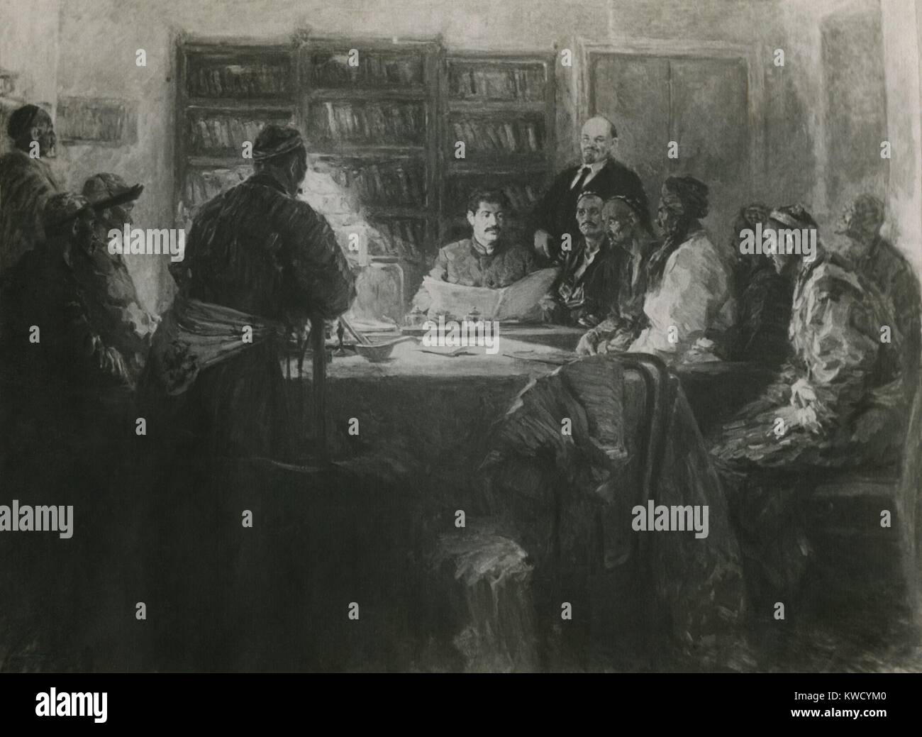 Lenin e Stalin ricevere una delegazione da popoli dell Asia centrale. Russia sovietica sociale pittura realista da Konstantin Finogenov, c. 1930-50. Il dipinto ha contribuito a Stalins mythmaking circa il suo rapporto con Lenin (BSLOC 2017 2 29) Foto Stock