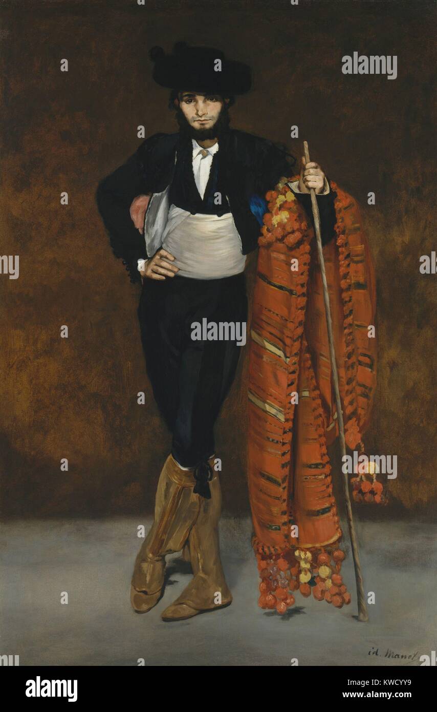 Giovane uomo in costume di Majo, da Edouard Manet, 1863, impressionista francese la pittura ad olio. Manets fratello Gustave poste per questo lavoro rifiutato dal Salone di Parigi del 1863. Majo erano uomini urbana spagnola di classi inferiori che hanno vestito con stile e flamboyance ed erano un argomento popolare di pittori del diciannovesimo secolo (BSLOC_2017_3_5) Foto Stock