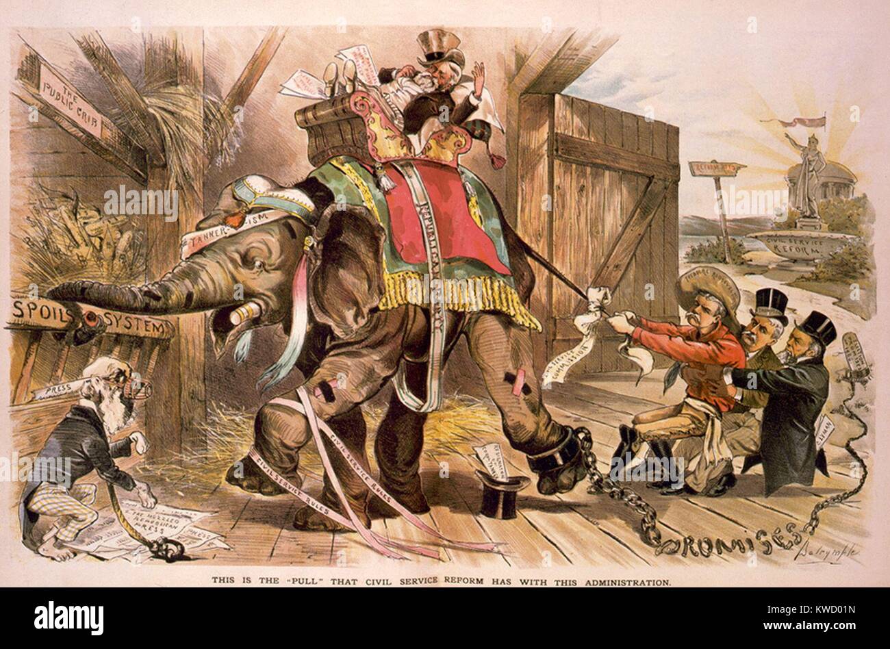 Servizio civile i Commissari, Theodore Roosevelt, Thompson, e Charles Lyman esercitando la loro tirare. Rivista di puck cartoon di Ottobre 2, 1889, mostra Presidente Benjamin Harrison su un elefante repubblicano, denominata Tannerism, abbattendo il servizio civile regole. Esso si riferisce alle azioni di Harrisons incaricato, James Tanner, come pensione militare commissario (BSLOC 2017 4 13) Foto Stock