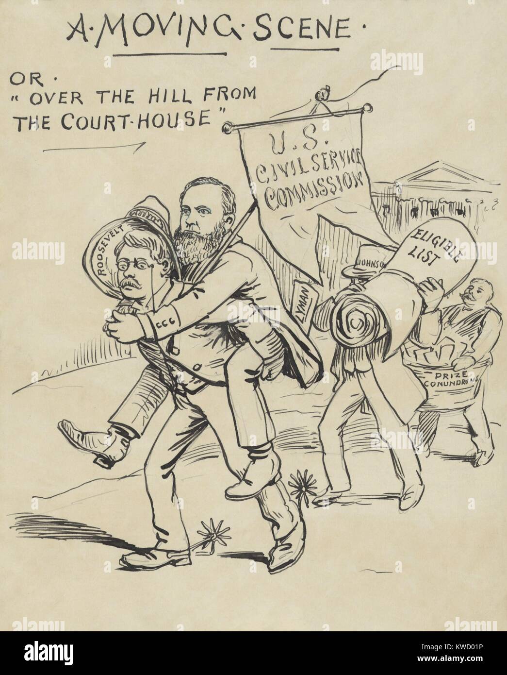 Una scena in movimento o su per la collina da Casa Corte, dal fumettista George Yost bara. Giugno 11, 1893. Cartoon mostra 3 Servizio Civile commissari: Theodore Roosevelt che trasportano Charles Lyman seguita da George Johnson durante la transizione da un repubblicano Benjamin Harrison presidenza dei democratici di Grover Cleveland amministrazione. Dopo quattro anni la Commissione, TR aveva stabilito la sua leadership della Commissione (BSLOC 2017 4 14) Foto Stock
