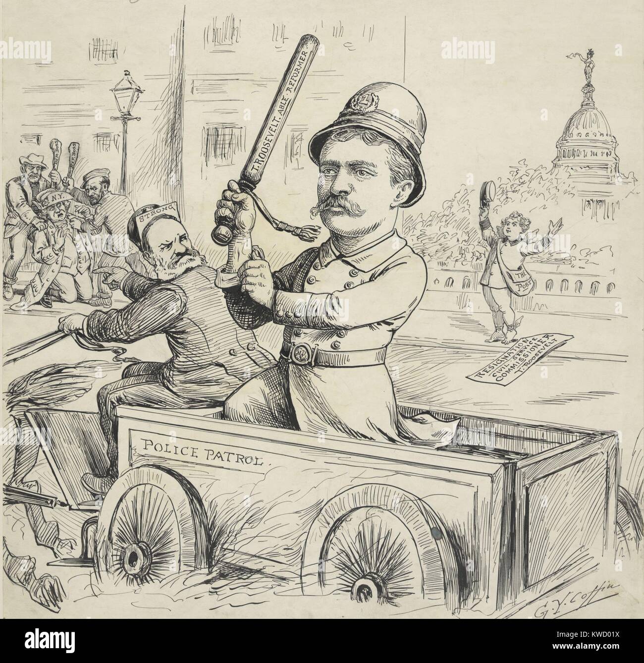 Un ROOSEVELT PER IL SALVATAGGIO, cartoon da George Yost Bara, 5 maggio 1895. Essa celebra Theodore Roosevelts nomina del sindaco William forte per la città di New York la commissione di polizia. A sinistra la parte bugne sono mugging Padre Kniccurbocker, il simbolo della vecchia New York (BSLOC 2017 4 17) Foto Stock