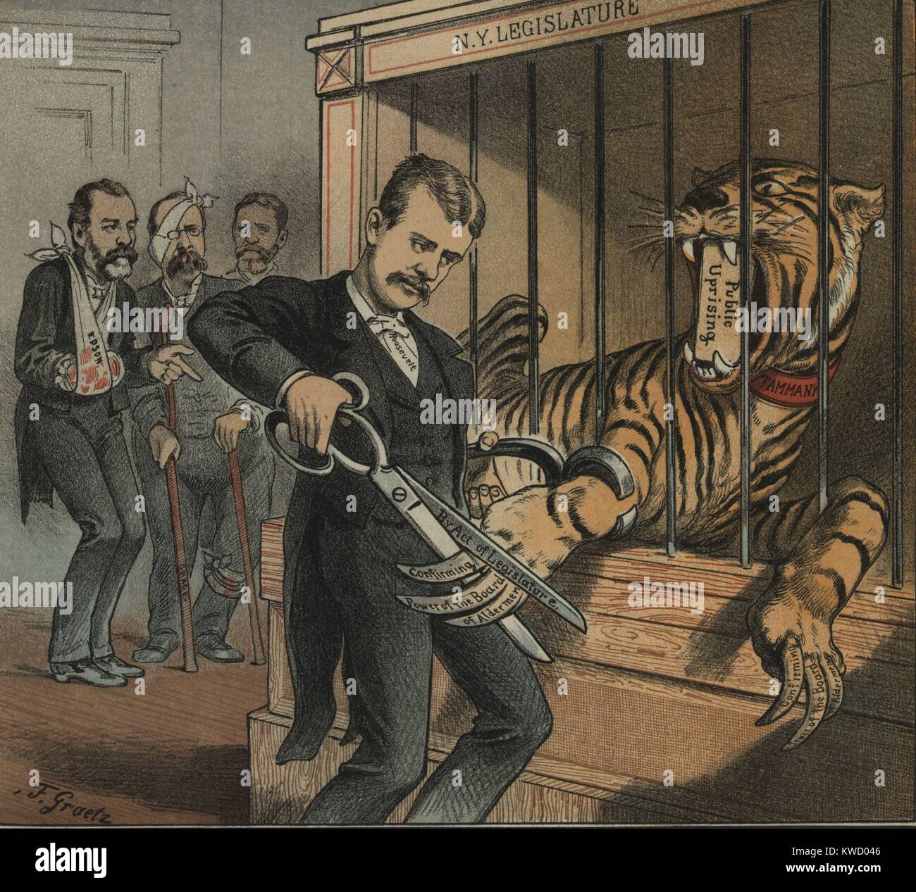 Renderlo innocuo! PUCK Magazine 1884 coprire cartoon celebra il Assemblyman Roosevelts legge che ha consentito la MV NYC Sindaci di assumere e licenziare lavoratori pubblici senza approvazione di Tammany Democrats sul Consiglio di Assessori (BSLOC 2017 4 7) Foto Stock