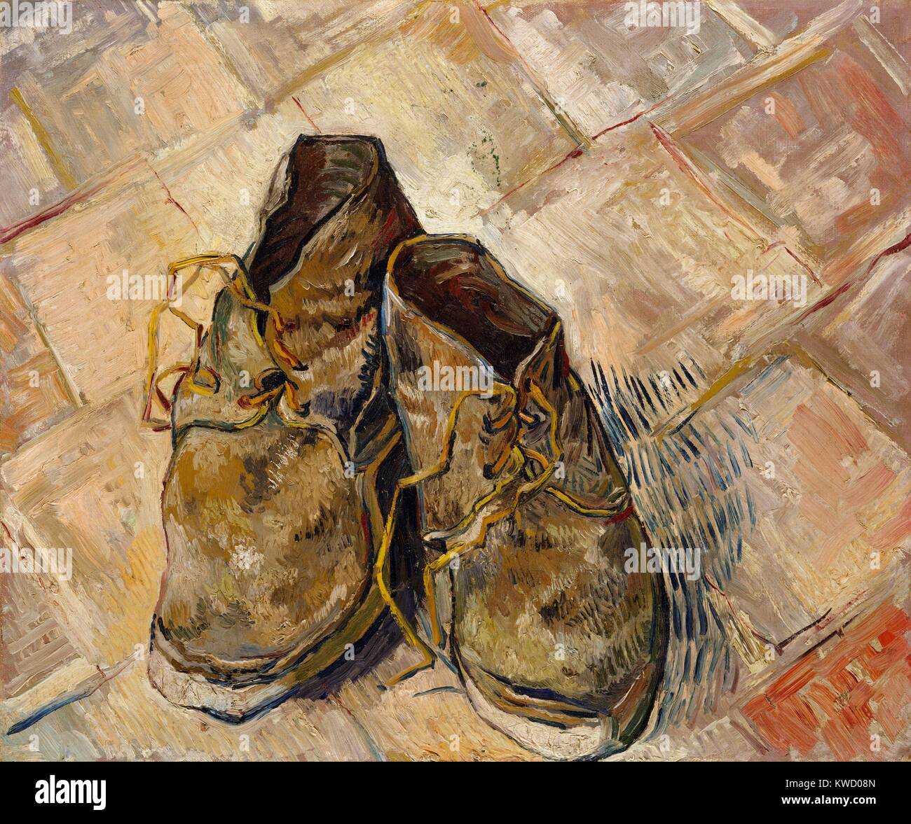 Scarpe di Vincent Van Gogh, 1888, olandese Post-Impressionist, olio su tela. Questi pattini usurati sono state dipinte in rosso-piastrelle del pavimento della casa gialla, la sua casa e studio in Arles (BSLOC 2017 5 39) Foto Stock