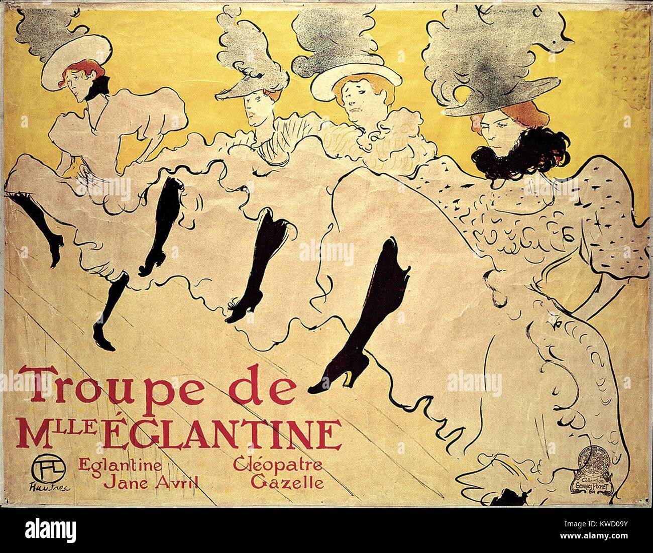 La Troupe de Mademoiselle Eglantine, Henri de Toulouse-Lautrec, 1895, Post-Impressionist stampa. La troupe de Mlle Eglantine, era un gruppo di cancan francese ballerini: Jane Avril, Mlle Eglantine, Cleopatre e gazzella. Avril ha commissionato questa (litografica BSLOC 2017 5 67) Foto Stock