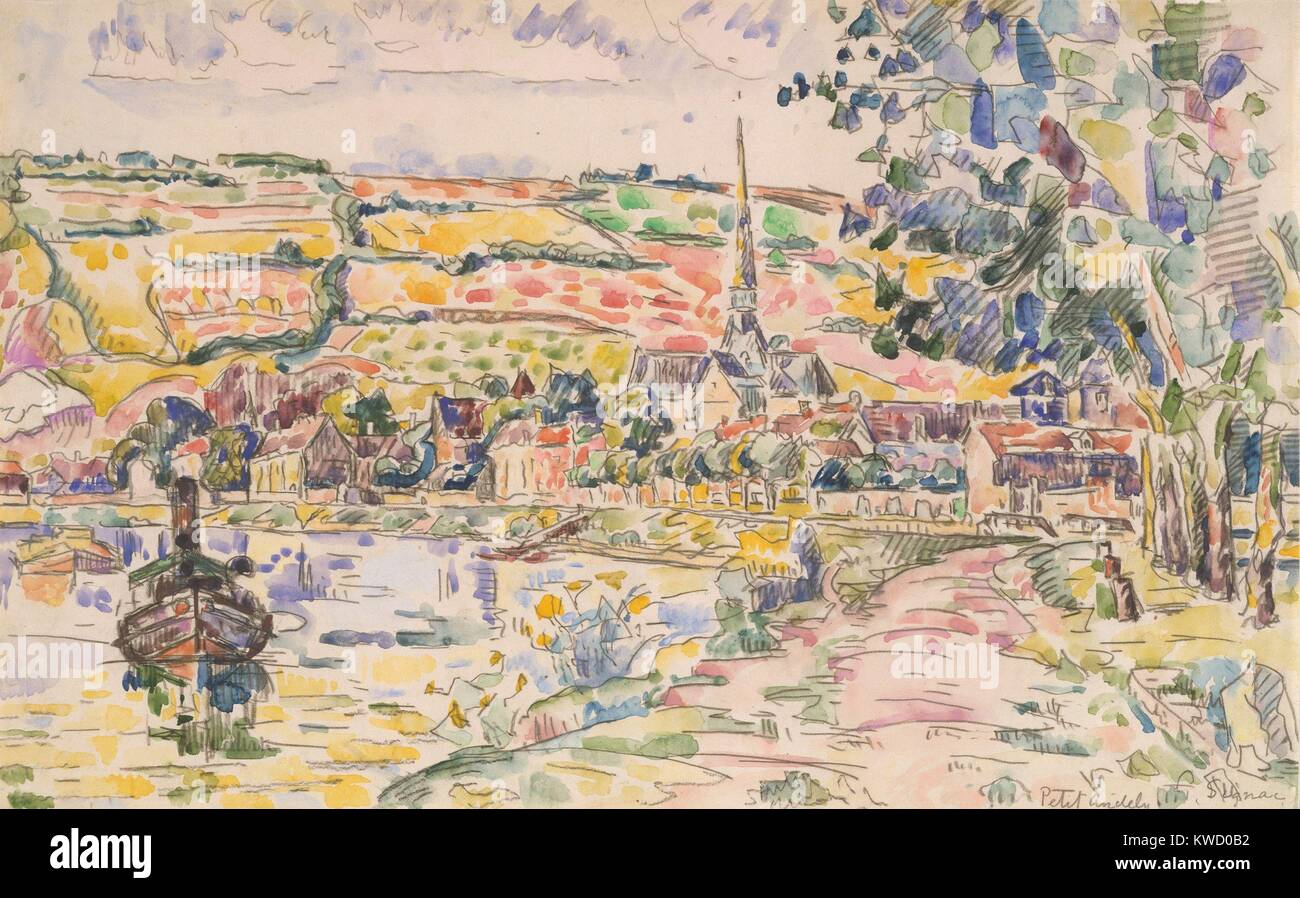 Petit Andely-The banca di fiume, da Paul Signac, 1920-29, Francese Post-Impressionist pittura ad acquerello. Questa è una vista del porto di Les Andelys, un villaggio sul fiume Senna vicino Giverny (BSLOC 2017 5 92) Foto Stock