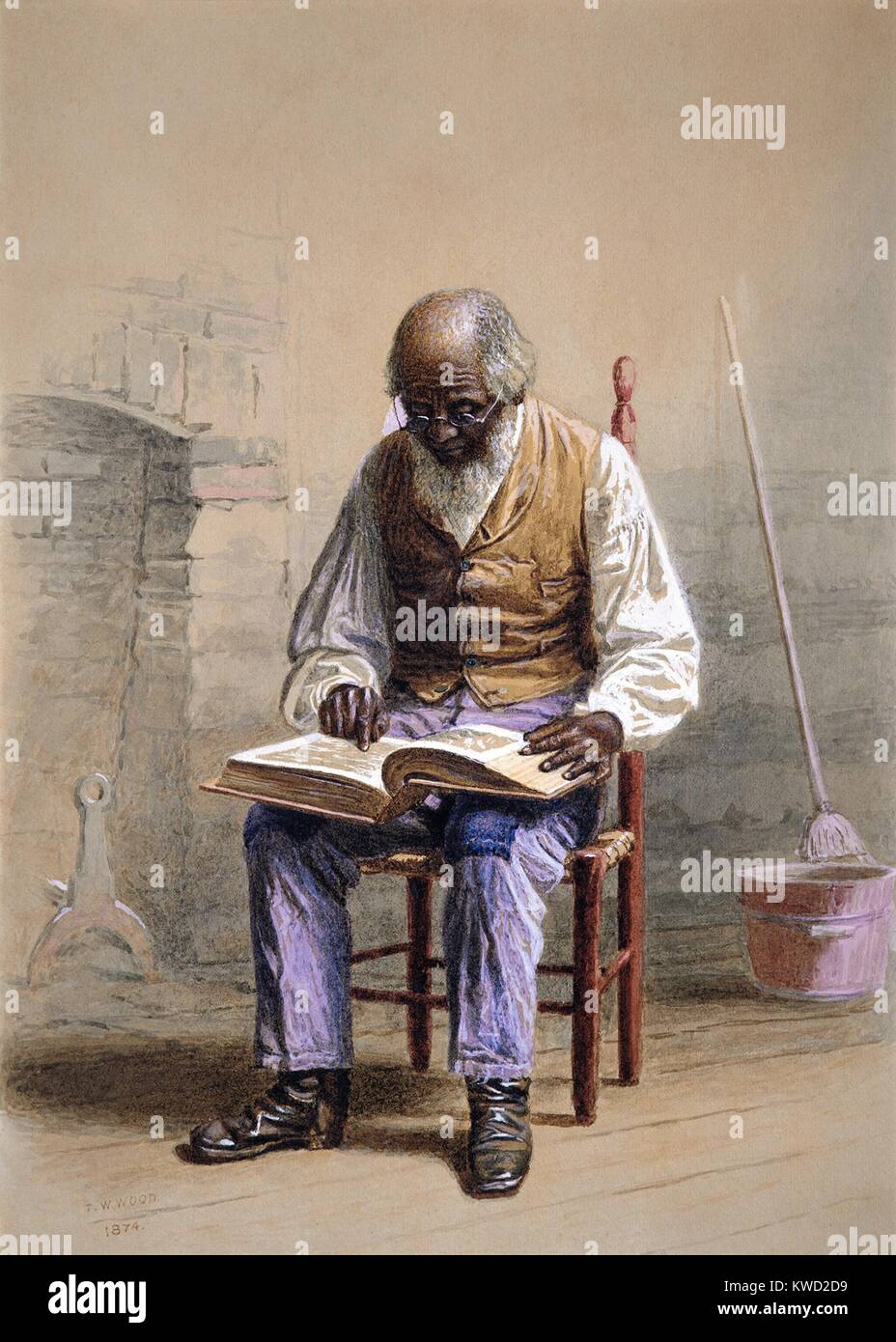 La lettura della Sacra Scrittura, da Thomas Waterman legno, 1874, American pittura ad acquerello. L'artista è cresciuto nelle zone rurali del Vermont, specializzata in raffiguranti americani Africani. Questo dipinto mostra un precedentemente schiavi anziani uomo che legge la Bibbia. Esso presenta un tema di speranza, di educazione e di pietà religiosa reso possibile dalla emancipazione (BSLOC 2017 20 150) Foto Stock