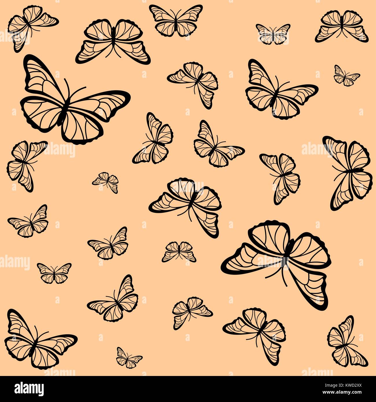 Sfondo beige con silhouette nera di farfalle Illustrazione Vettoriale