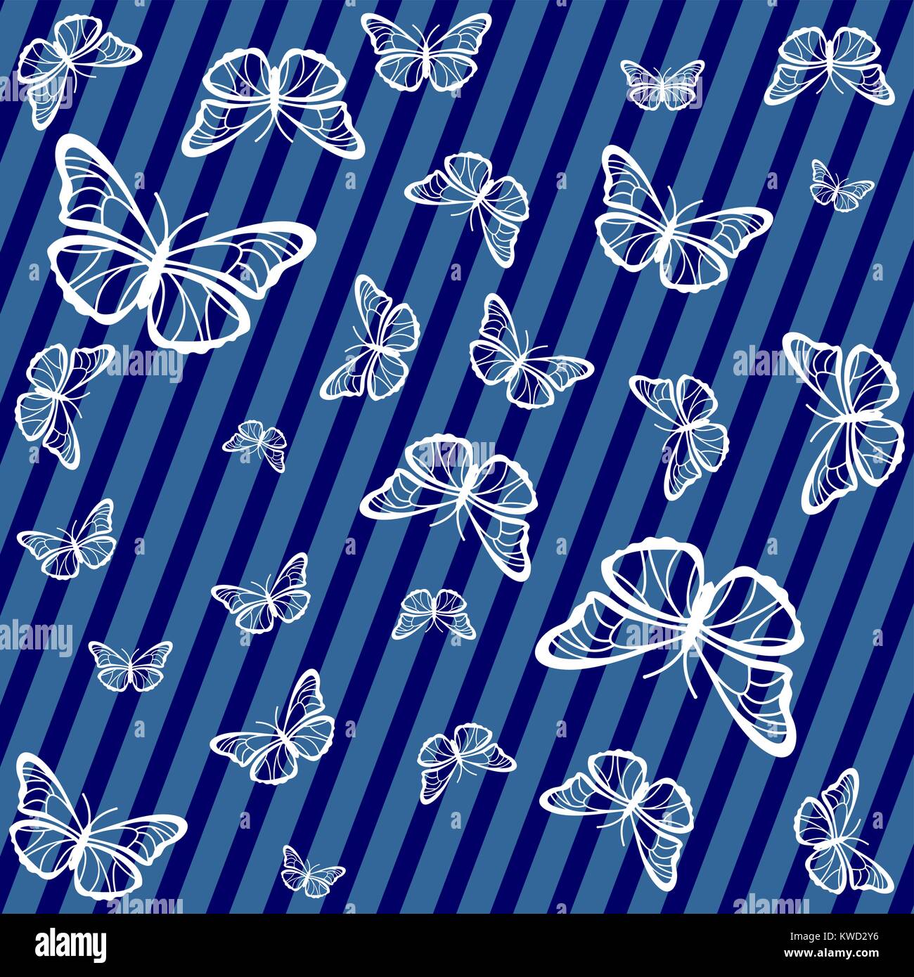 A strisce blu sullo sfondo bianco con sagome di farfalle Illustrazione Vettoriale