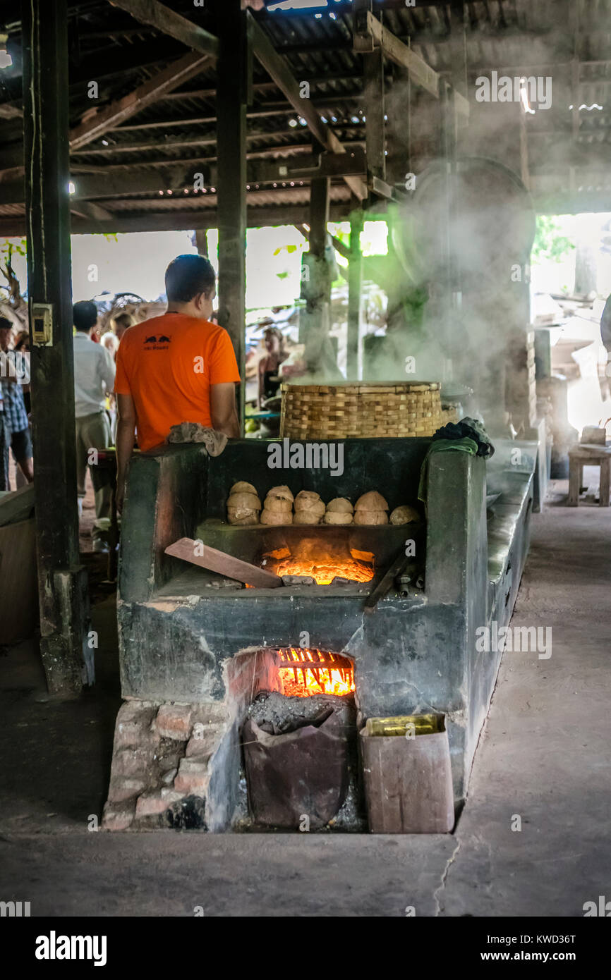 A legna bruciatore per evaporazione di zucchero di cocco sap a plantation, Tambon Kradangnga, Samut Songkhram, Thailandia. Foto Stock