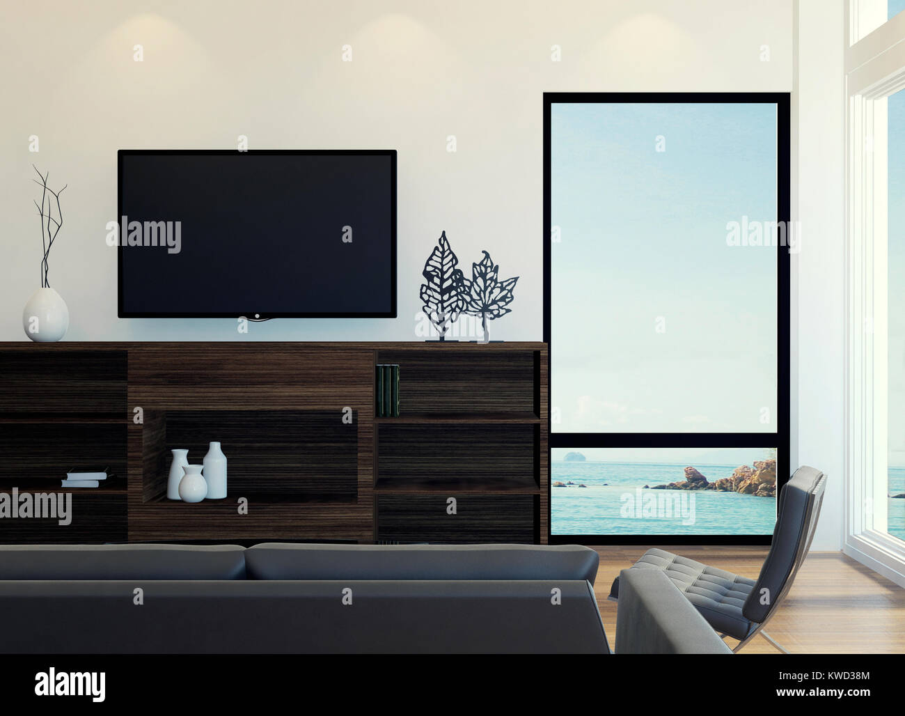 Moderno appartamento soggiorno interno con vista mare, rendering 3D Foto Stock