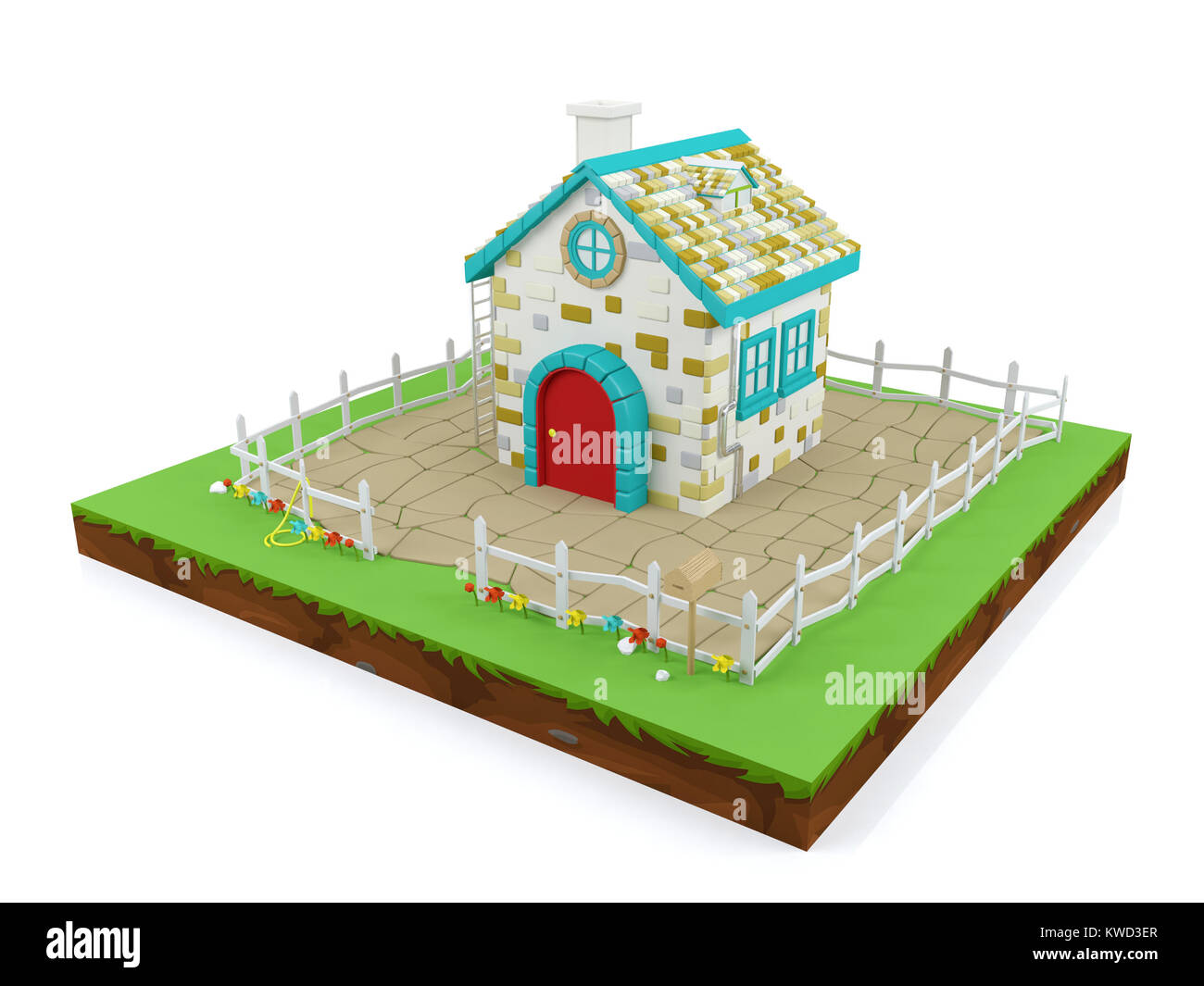 Cartoon casa nel paesaggio isometrica, rendering 3D Foto Stock