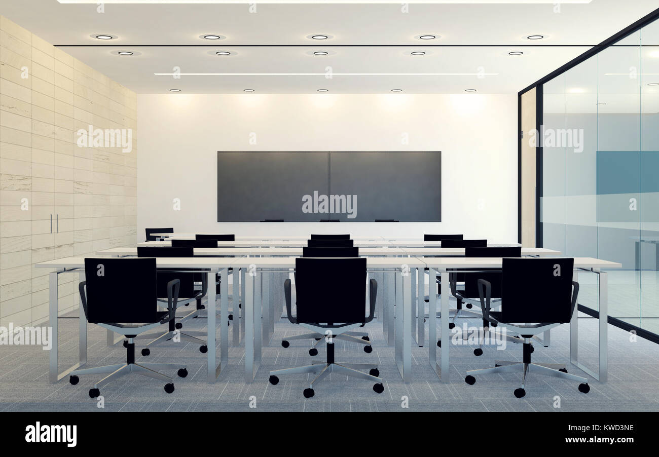 Arredamento moderno di sala conferenze con vuoto sullo schermo del monitor per la presentazione, rendering 3D Foto Stock
