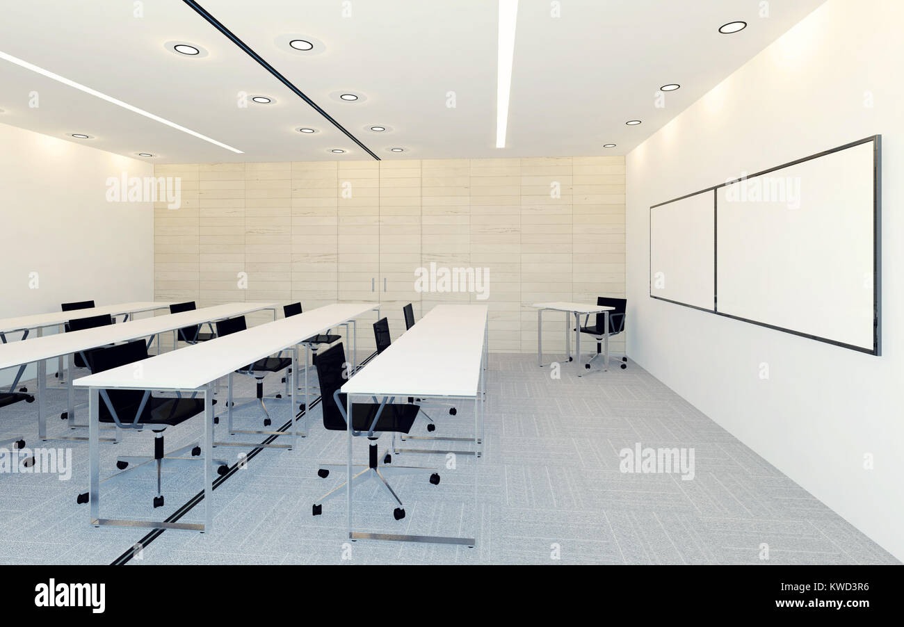 Arredamento moderno di sala conferenze con vuoto sullo schermo del monitor per la presentazione, rendering 3D Foto Stock