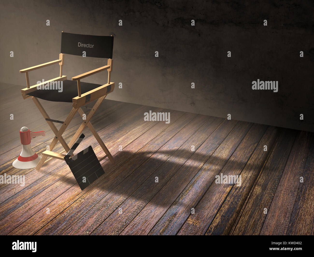Direttore di sedia con battaglio board e megafono in camera oscura scena con luce di Spotlight, rendering 3D Foto Stock