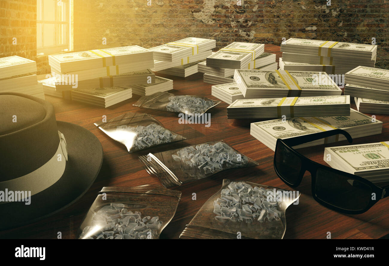 Business illegale di droga e di dollari, Mafia spacciatore, rendering 3D Foto Stock