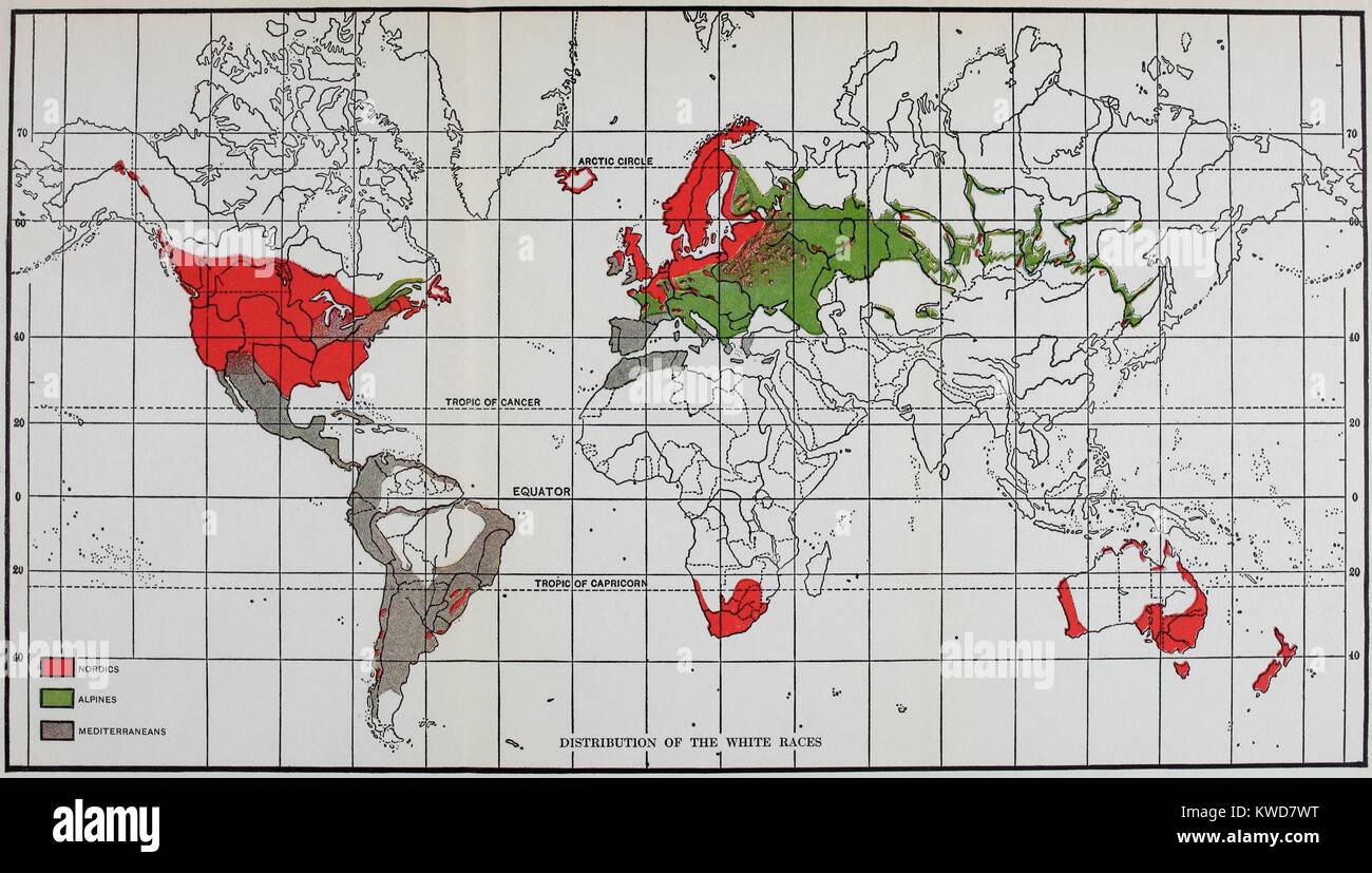 La mappa mostra la distribuzione di razza bianca' nel 1920. Da "La marea crescente di colore bianco contro World-Supremacy' da Lothrop Stoddard, storico americano che ha focalizzato sulle questioni razziali come primario forze storiche. (BSLOC 2015 16 186) Foto Stock