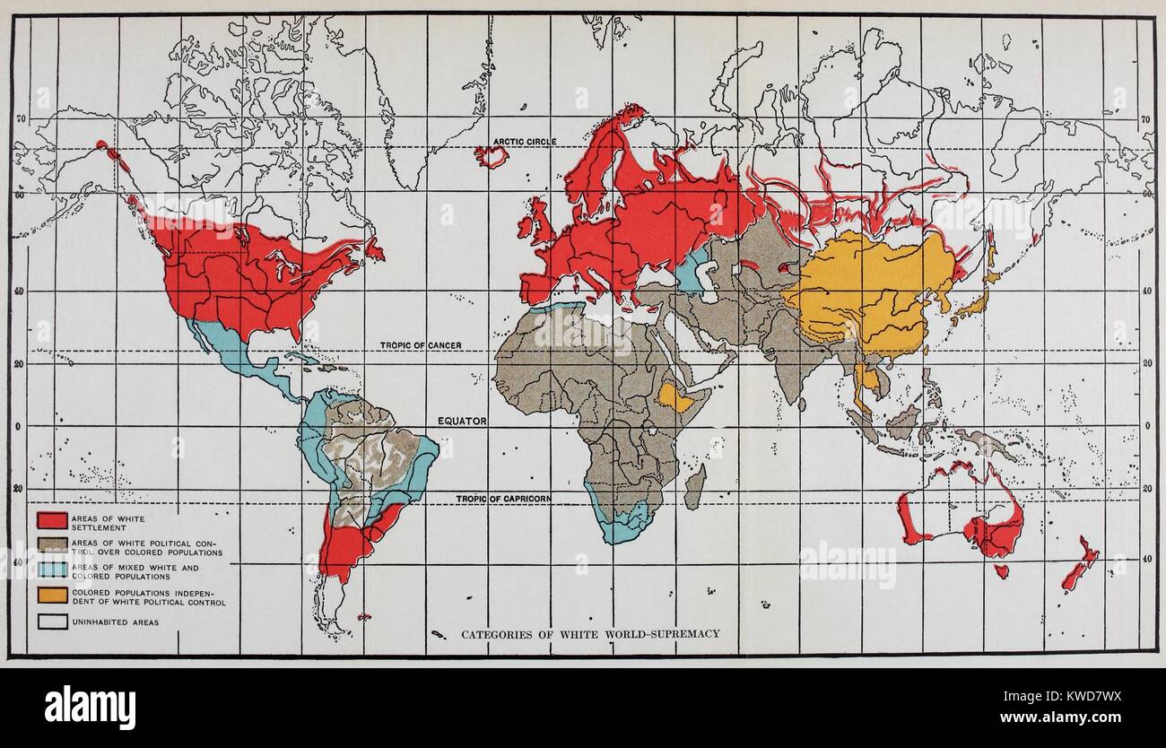 Mappa che mostra "Categorie di bianco la supremazia mondiale' nel 1920. Da "La marea crescente di colore bianco contro World-Supremacy' da Lothrop Stoddard, storico americano che ha allarmato che mondo bianco-supremazia è stato attenuato dalla I Guerra Mondiale e il ritiro del colonialismo. (BSLOC 2015 16 187) Foto Stock