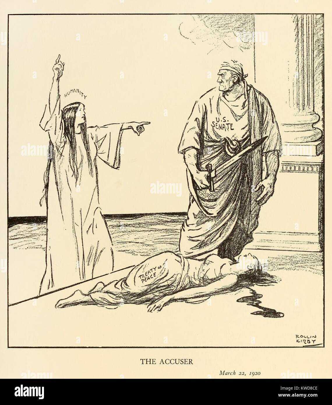 L'accusatore. Cartoon politico circa il rifiuto degli Stati Uniti del Trattato di Versailles dopo WW1. Personificazione della umanità si confronta con gli Stati Uniti Senato per l assassinio del trattato di pace. Da New York World fumettista, Kirby Rollin, Marzo 22, 1920. (BSLOC 2015 17 241) Foto Stock