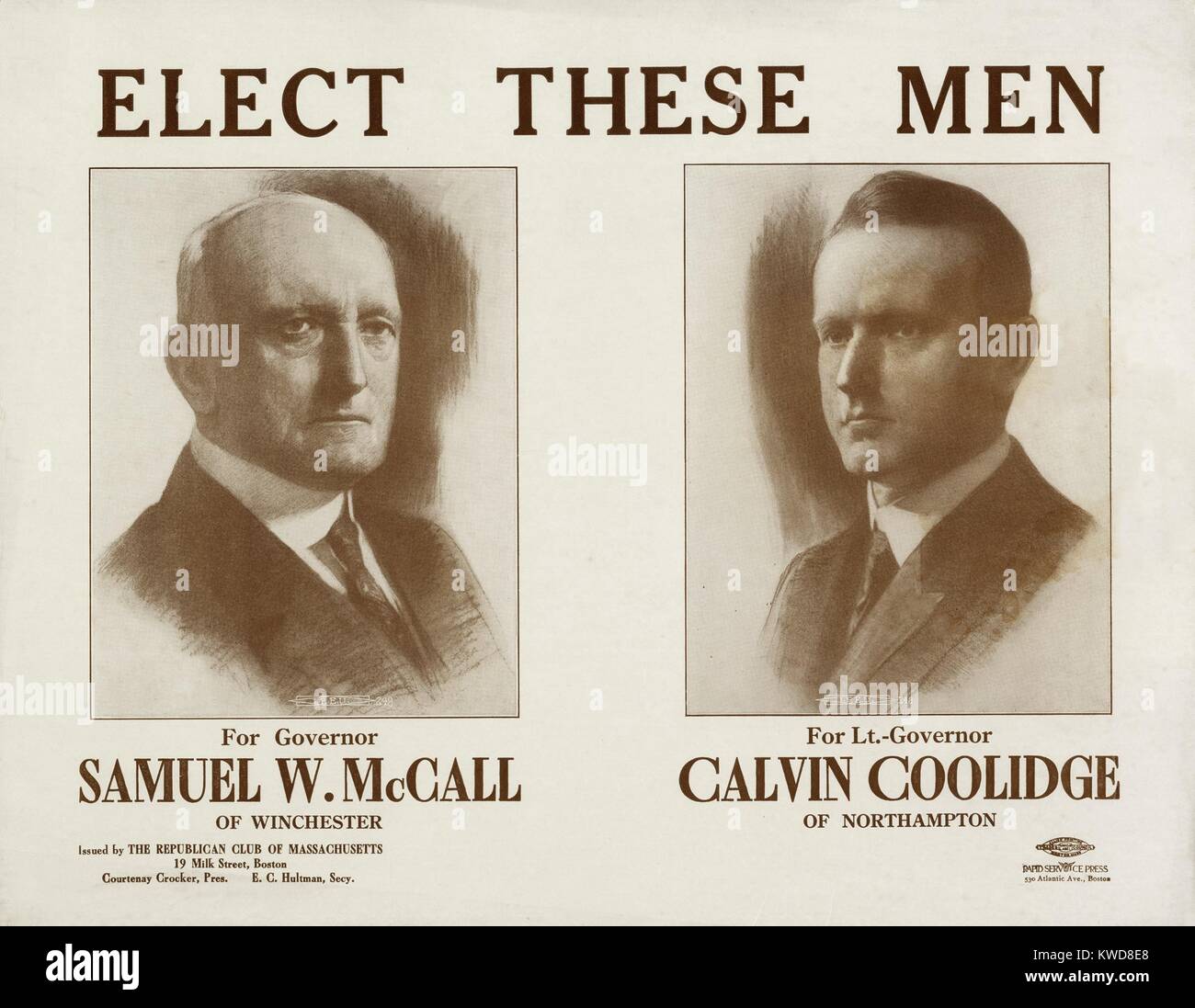 Eleggere questi uomini. Per il governatore, Samuel W. McCall. Per Lt. Governatore di Winchester, Calvin Coolidge di Northampton. La coppia sono stati eletti nel 1915, 1916 e 1917. Nel 1918 Coolidge è stato eletto governatore del Massachusetts. (BSLOC 2015 15 99) Foto Stock