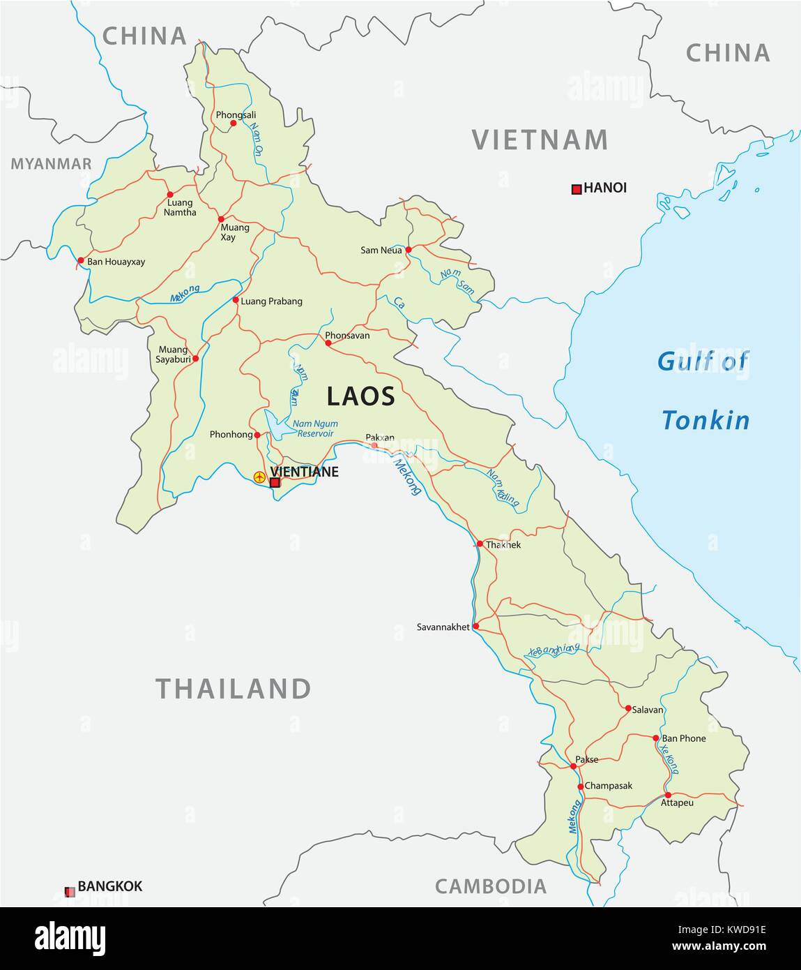 Strada mappa vettoriale della Repubblica Democratica Popolare del Laos Illustrazione Vettoriale
