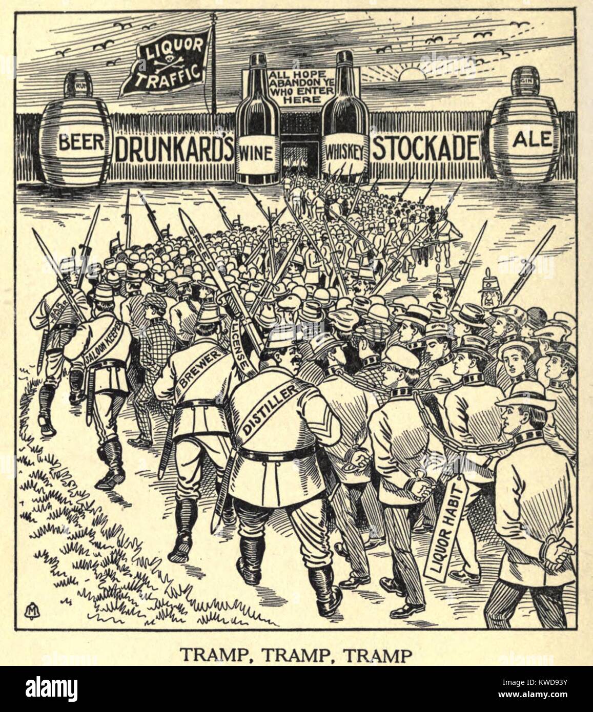 Barbone, TRAMP, tramp. Cartoon di uomini ammanettati pilotato dai distillatori e produttori di birra. E custodi della berlina. Tutti sono diretti verso la 'Drunkard's Stockade.' da 'l'ombra della bottiglia, 1915 prenota sostenendo nazione a livello di divieto del traffico di liquore (BSLOC 2016 8 60) Foto Stock