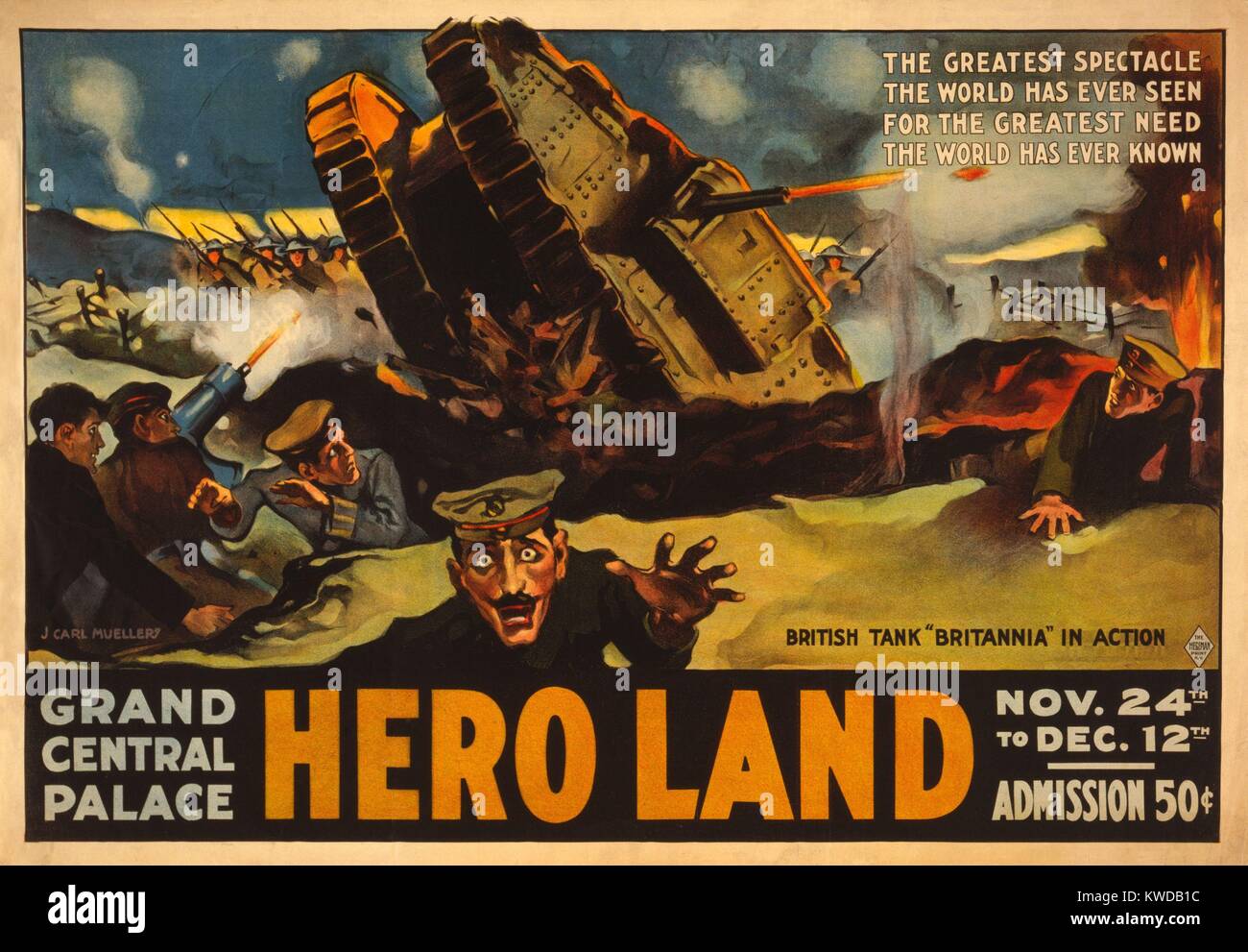 Guerra Mondiale 1 serbatoi. Poster pubblicitari Hero terra, una mostra e 16-Giorno corteo militare, per il beneficio di American e Allied sollievo. Più di 250.000 persone hanno partecipato Hero Land, la creazione di un utile netto di $571,438 (circa $10.3 milioni di oggi). Nov. 1917. (BSLOC 2013 1 158) Foto Stock