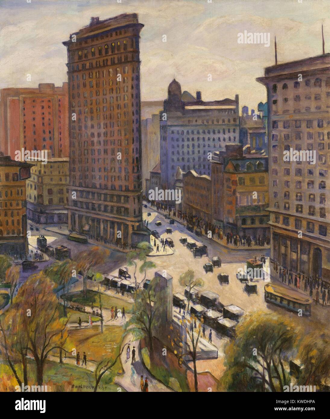 Il Flatiron Building, da Samuel Halpert, 1919, la pittura americana, olio su tela. La pittura di New York Flatiron Building e il Madison Square Park, è rappresentativo degli artisti stilizzata ma ancora lavoro naturalistico (BSLOC 2017 7 116) Foto Stock