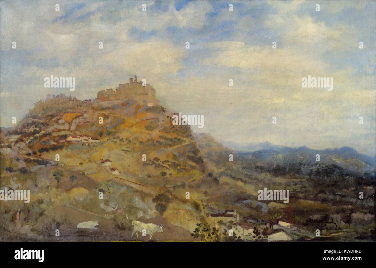 Italiano città di collina, da Arthur B. Davies, 1925, la pittura americana, olio su tela. Questa opera è stata probabilmente dipinto durante una vacanza in Toscana dove Davies ha avuto una seconda, di diritto comune la moglie e i figli. Questo 25 anno vecchio segreto fu scoperto nel 1928, dopo la sua morte improvvisa in Italia. La sua moglie Americana anche mantenuto un segreto da Davies. Prima si sono incontrati, ella eloped a scoprire il primo marito era abusivo tossicodipendente e giocatore, chiedendo a lei di omicidio su di lui la loro luna di miele (BSLOC 2017 7 141) Foto Stock