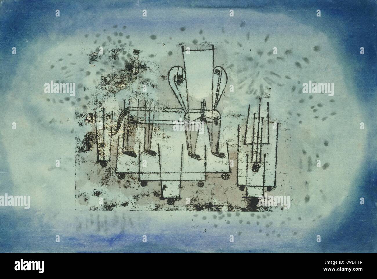 La sedia animale, di Paul Klee, 1922 disegno svizzero, acquerello, gouache e inchiostro su carta. Disegno della linea rettilinea accosta forme e i cerchi a raggi e i toni di suggerire gli oggetti su ruote. Una sedia stilizzata implica gli occhi e gambe (BSLOC 2017 7 36) Foto Stock