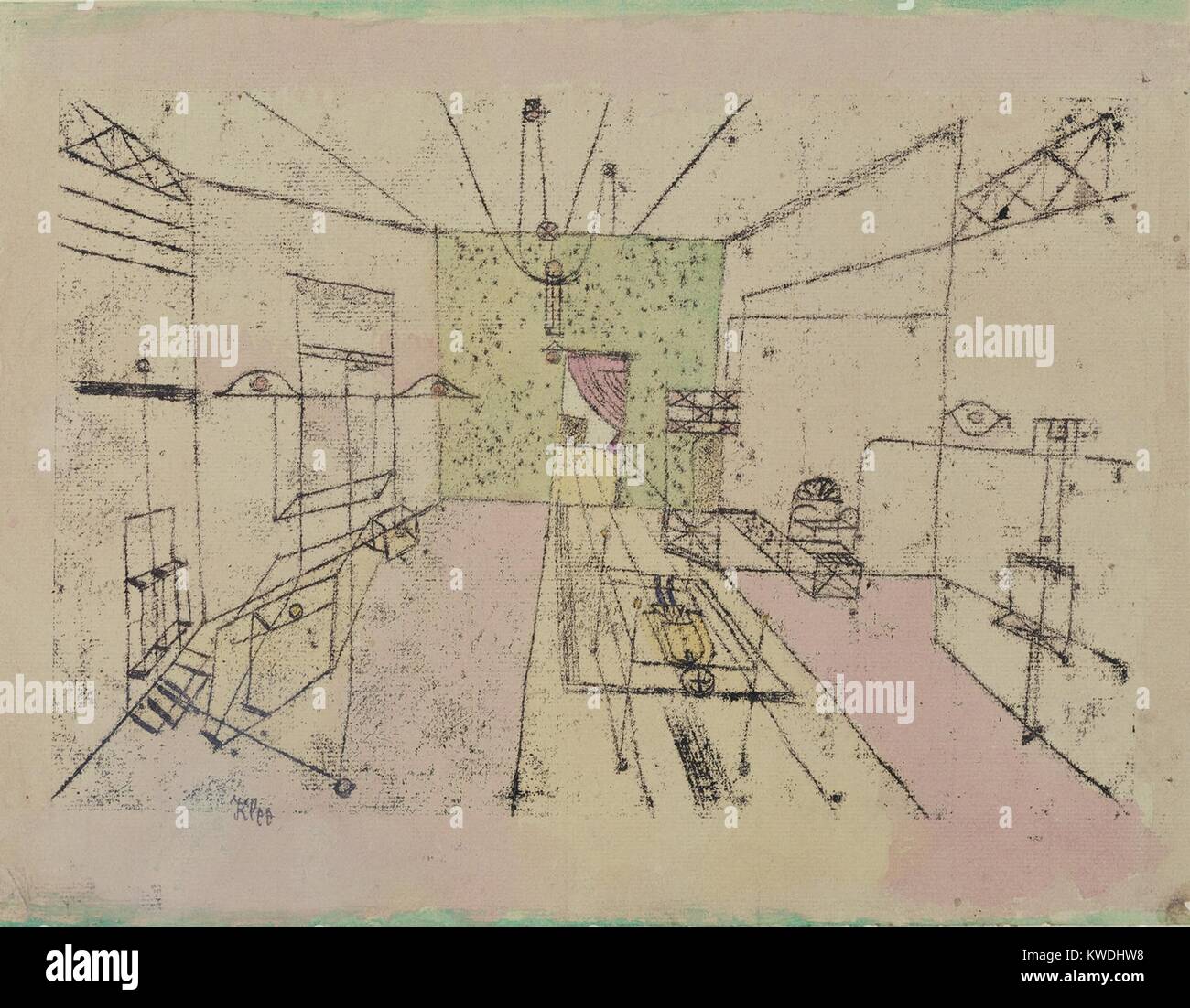 Prospettiva fantasma di Paul Klee, 1920, Swiss disegno, acquarello e inchiostro su carta. Disegno della linea crea l'illusione di uno spazio interno, gli oggetti non identificabili. Un soggetto figura delimitata da rettangoli in prospettiva è sul pavimento (BSLOC 2017 7 48) Foto Stock