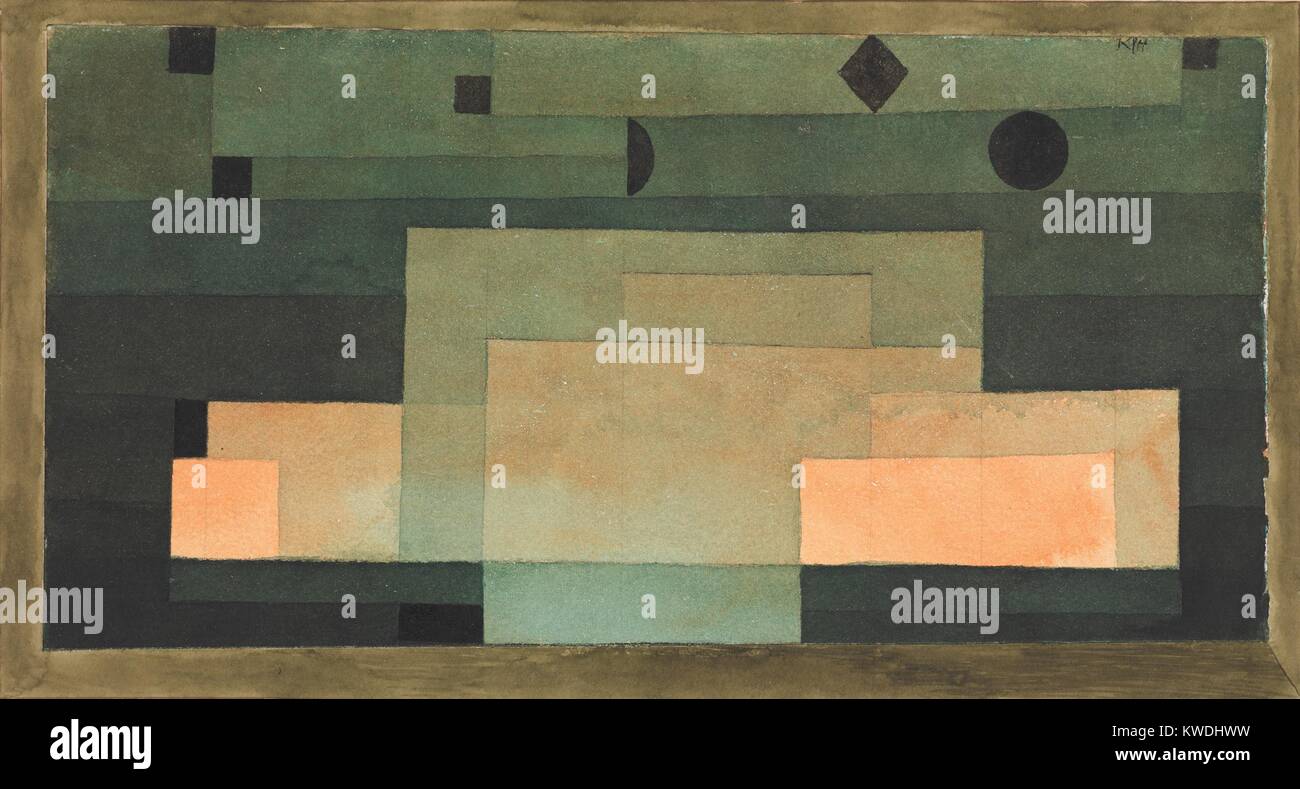 Il firmamento sopra il tempio, di Paul Klee, 1922, Swiss acquarello e tempera pittura su carta. Appartamento rettangoli di verde graduate e toni di colore arancione crea un illusione di luci e di ombre e di primo piano e di sfondo, solido e void (BSLOC 2017 7 62) Foto Stock