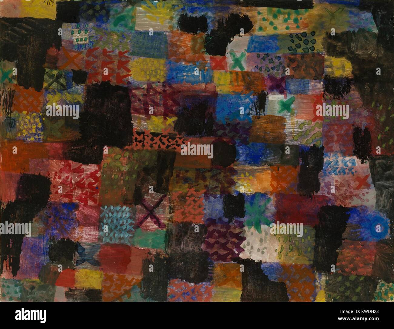 PATHOS profondo, di Paul Klee, 1915, Swiss disegno, acquarello e tempera su carta. Sul terreno dei rettangoli colorati, Klee sovraverniciato Xs e punti di colore (BSLOC 2017 7 68) Foto Stock