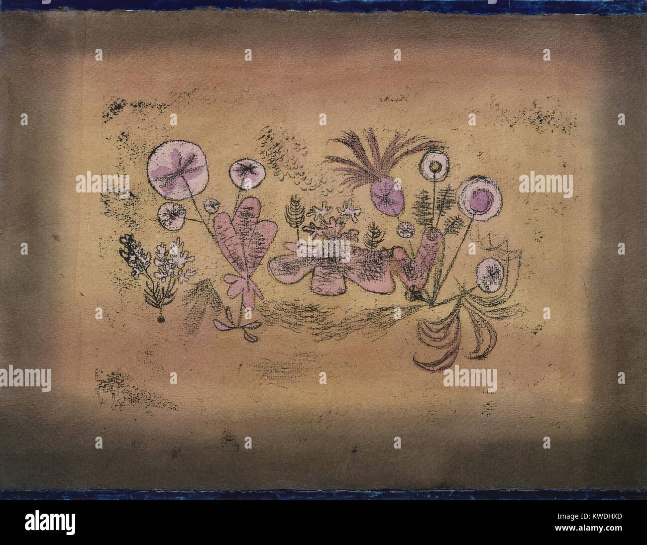 Uso della flora medicinale, di Paul Klee, 1924, disegno svizzero, acquerello, gouache e inchiostro su carta. Disegno della linea di forme connesse che suggeriscono che le piante, colorato di rosa su una massa di colore arancione (BSLOC 2017 7 75) Foto Stock