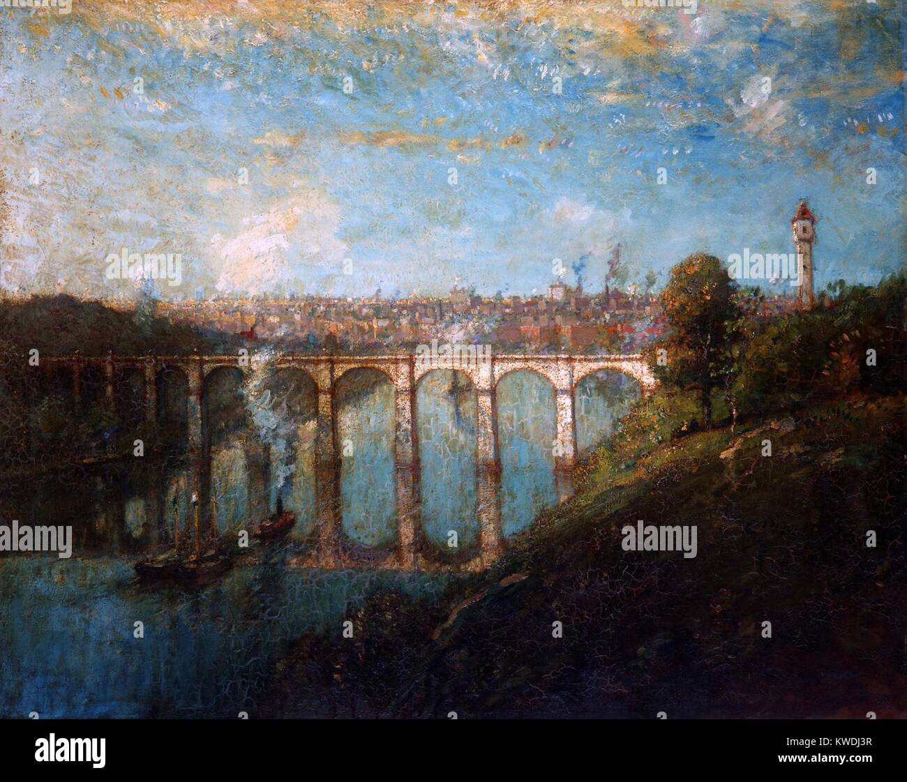 Alto ponte, da Henry Ward Ranger, 1905, la pittura americana, olio su tela. L'artista dipinse il ponte sopra il fiume Harlem come il suo stile tonalist stava dando modo di impressionismo. Chiamato anche il ponte acquedotto, che era stato costruito 1837-1848 (BSLOC 2017 9 10) Foto Stock