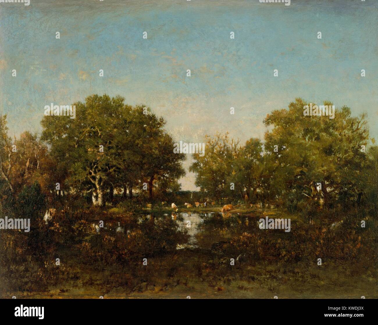 La piscina, da Theodore Rousseau, 1862-64, la pittura francese, olio su legno. Chambord paesaggio forestale con il bestiame di bere da uno stagno in una radura. Esso è composto senza artificio, traendo ispirazione dalla scena naturale. Rousseau era un leader della scuola di Barbizon di romantico realista pittori (BSLOC 2017 9 102) Foto Stock